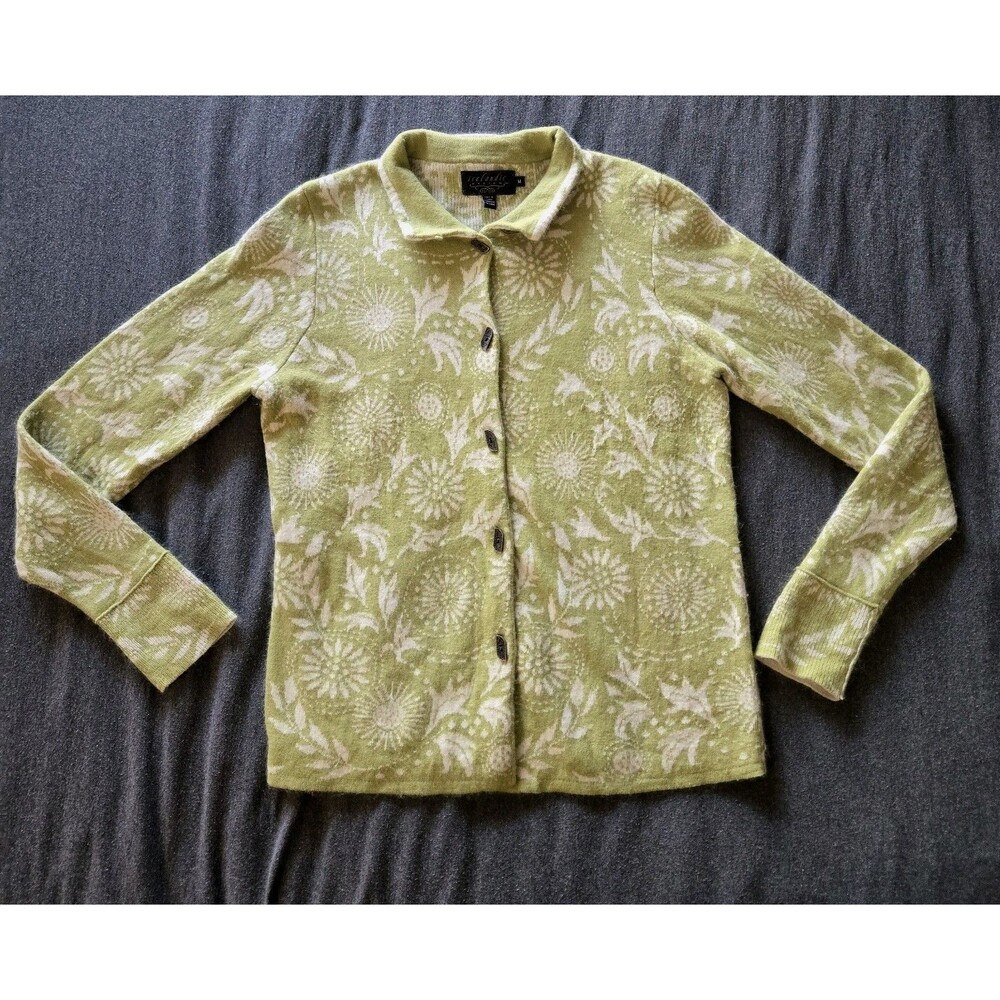Vintage Icelandic Design Angora Cardigan Sweater Green Leaf Metal Buttons Sz Med